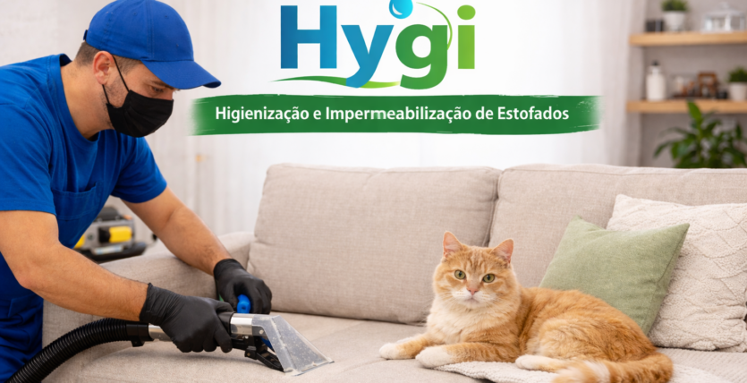 Profissional da Hygi realizando higienização de sofá com equipamento moderno, sofá limpo com almofadas, destacando cuidado e segurança.