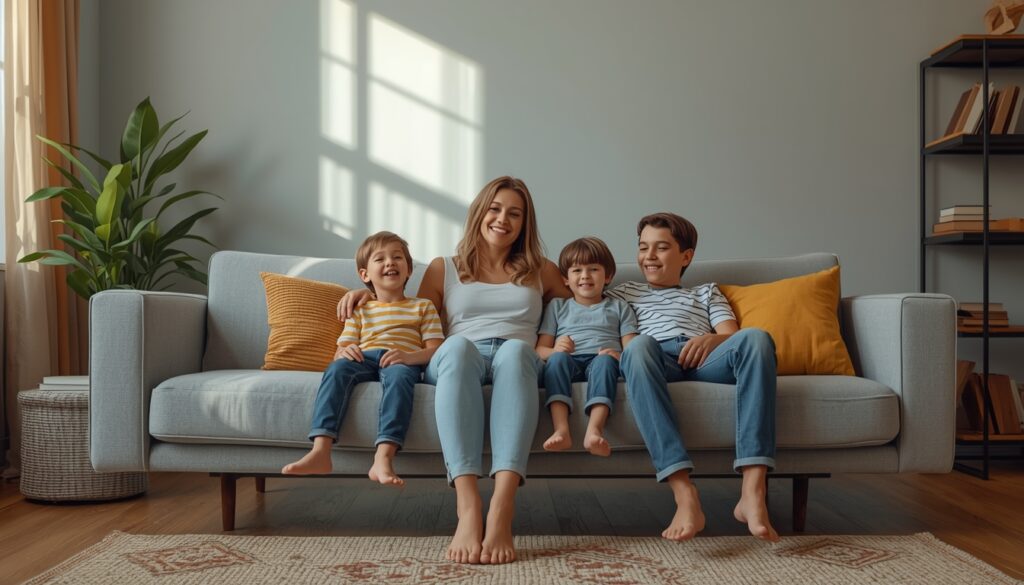 Família brasileira feliz em sofá limpo e higienizado - Importância da higienização profissional para saúde familiar